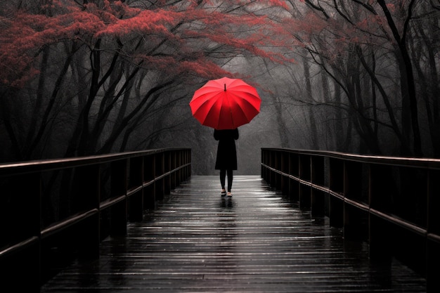 Photo person with red unbrella under the rain