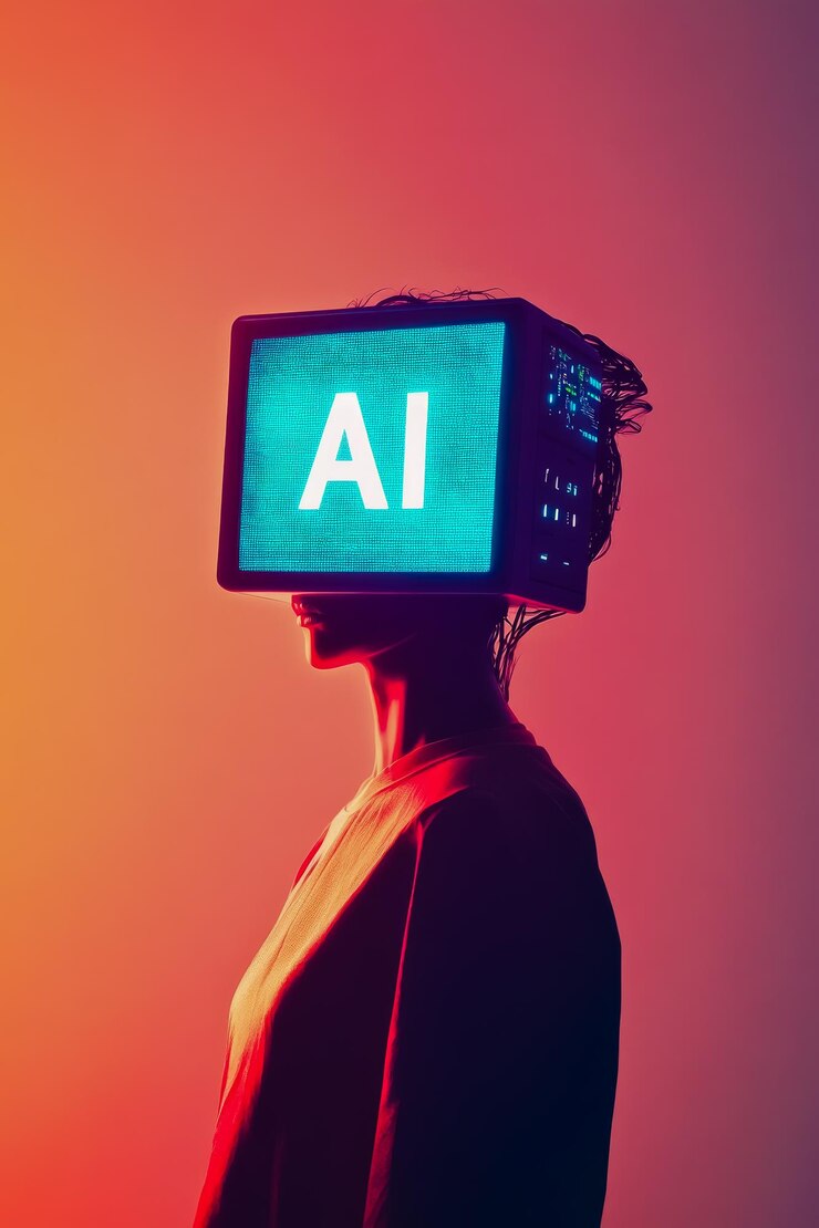 Photo person with a retrostyle computer screen as a head the screen displaying the bold stylized letters ai in bright white against a contrasting black or blue background