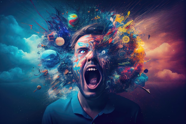 Person with schizophrenia surrounded by vivid and chaotic imaginary world of his or her own creation