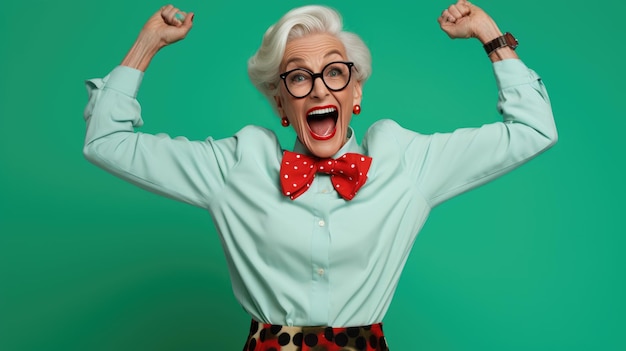 Photo person with short white hair and glasses wearing a red bow tie and a mint jacket celebrating enthusiastically with fists pumped and a wideopen mouth against a vibrant green background