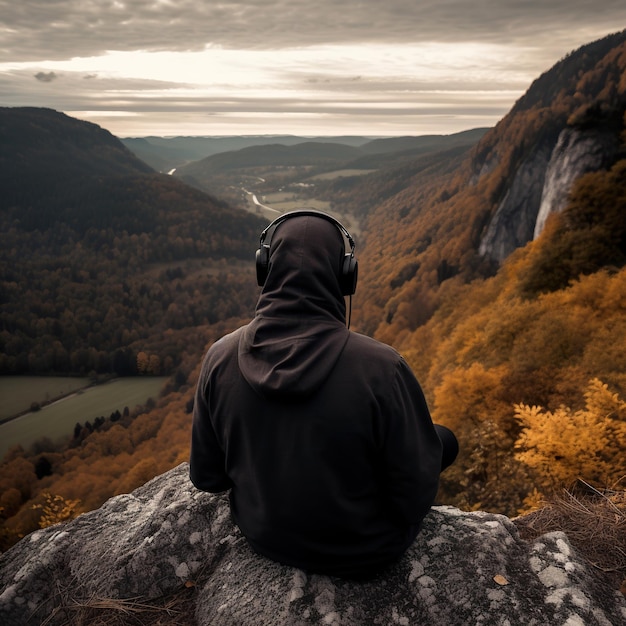 person with sitting at the edge of a cliff