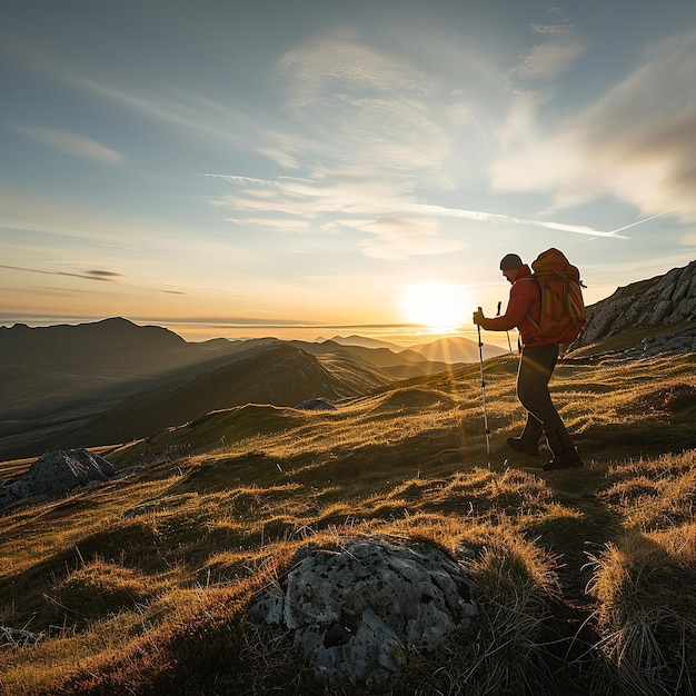 Person with skies and poles hiking on highland Ai generative