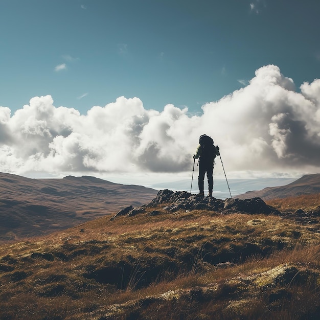 Person with skies and poles hiking on highland Ai generative