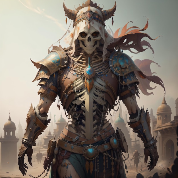 A person with a skull and horns stands in a cemetery.