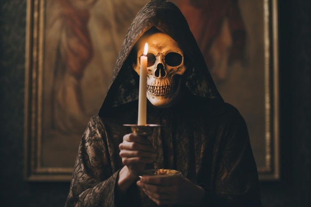 Photo a person with a skull mask and a candle