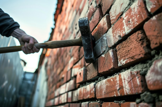 Photo person with sledgehammer midswing at a brick wall