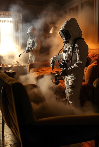 A person with special protective clothing and a gas mask spraying in a room for pests bugs and mites