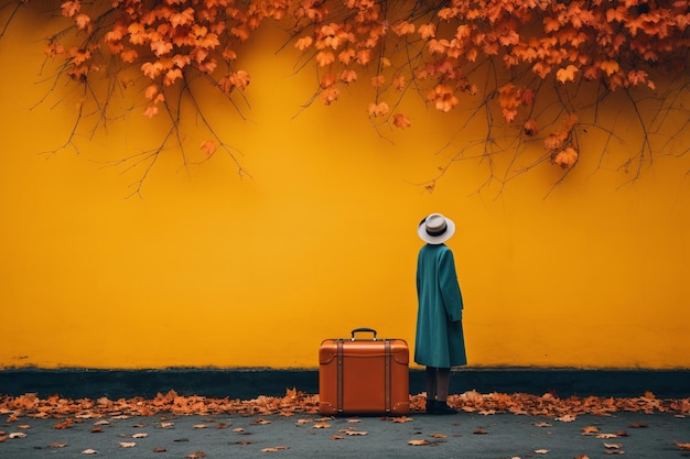 Photo person with suitcase standing in front of yellow wall admiring beauty of autumn foliage created with generative ai technology