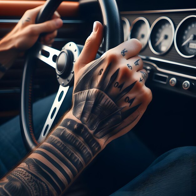 Photo a person with a tattoo on their arm is holding a steering wheel