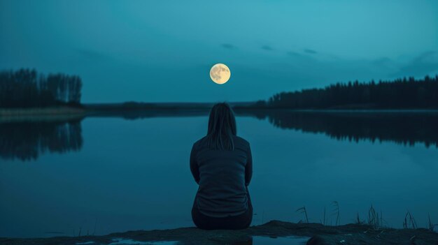 Photo person with their back watching the reflection of the moon on a calm lake at midnight generative ai