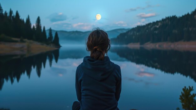 写真 月の反射を眺める人 静かな湖の真夜中