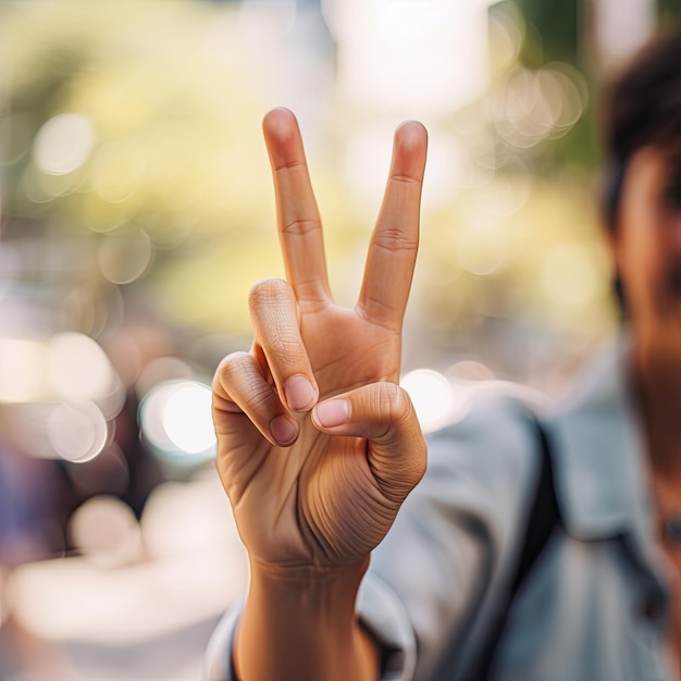 Photo a person with their hand up and the word peace on it