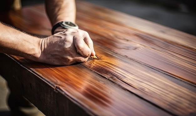 Photo a person with their hand on a wooden table