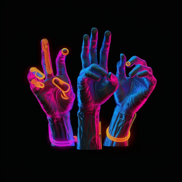 a person with their hands up in front of a neon light.