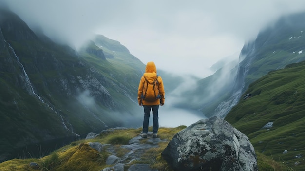 Foto persona con zaino turistico e paesaggio roccioso coperto generativo ai