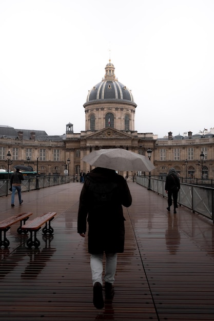 Person with an umbrella pictured in front of the dome of the BeauxArts de Paris