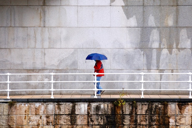 冬の雨の日に傘を持っている人