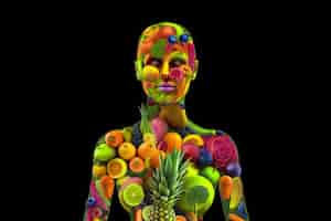 Photo a person with undefined anatomy with the body divided into parts filled with fruits and vegetables in a style of bioart generative ai