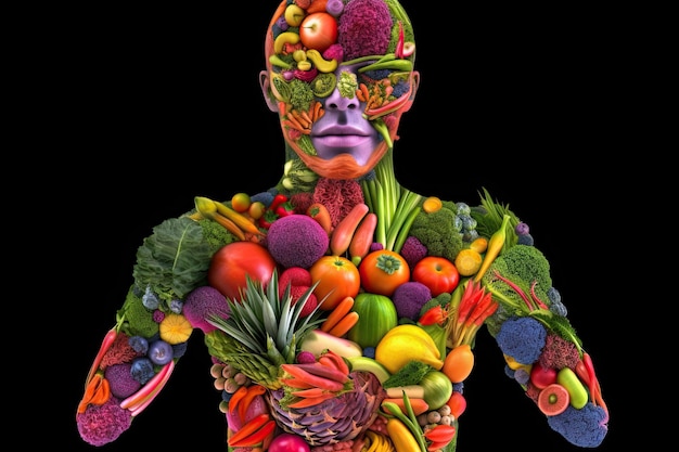 Photo a person with undefined anatomy with the body divided into parts filled with fruits and vegetables in a style of bioart generative ai