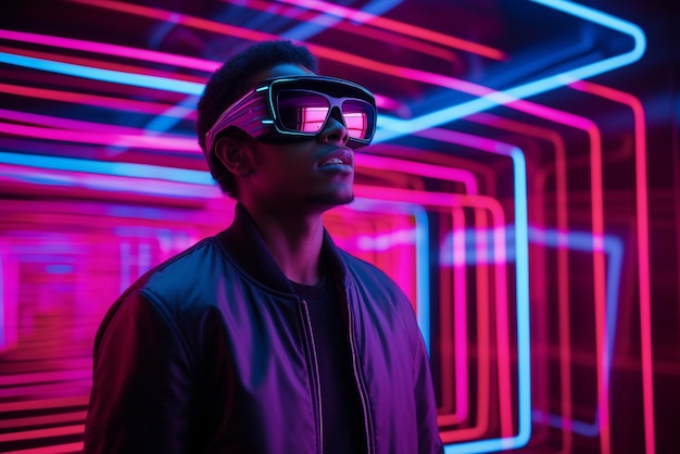 Photo person with vr glasses in neon room