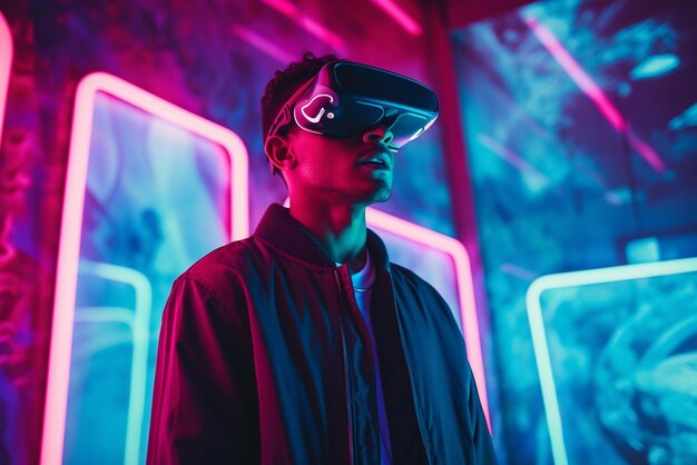 Person with vr glasses in neon room