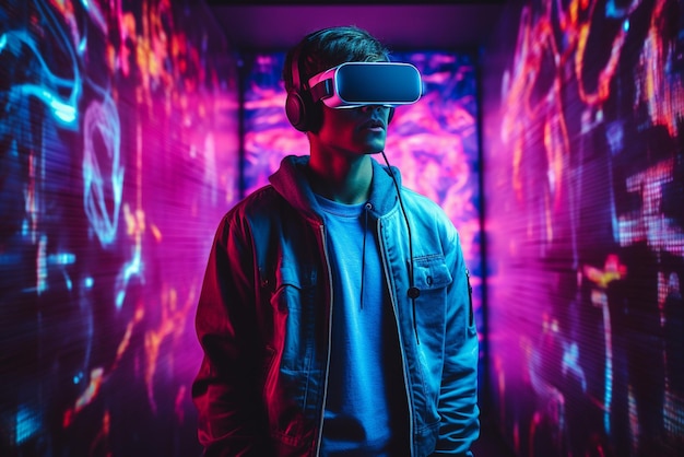 Person with vr glasses in neon room