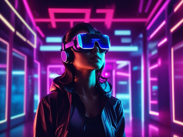 Person with vr glasses in neon room