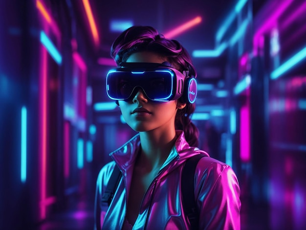 Person with vr glasses in neon room