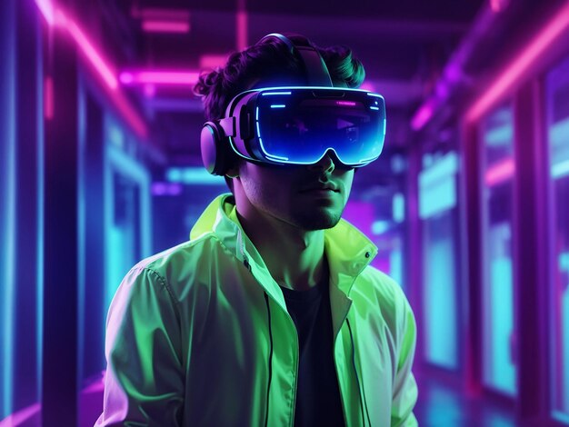 Person with vr glasses in neon room