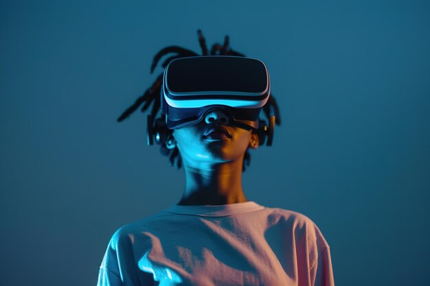 Photo person with vr headset illuminated by blue light