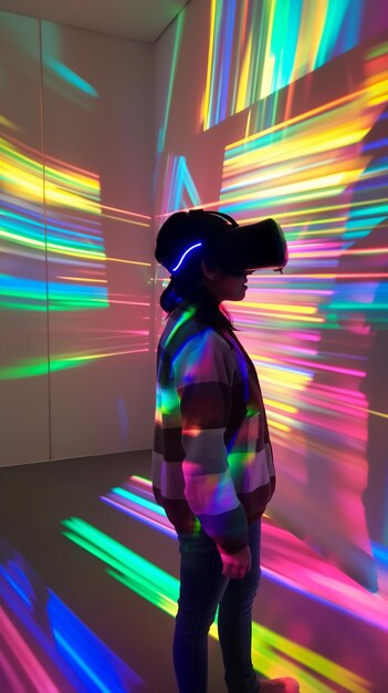 VR 헤드을 착용 한 사람 은 다채로운 빛 을 투영 한 방 에 서 있다