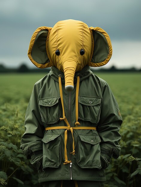 Photo a person with a yellow elephant head wearing a yellow jacket with a yellow strap on it