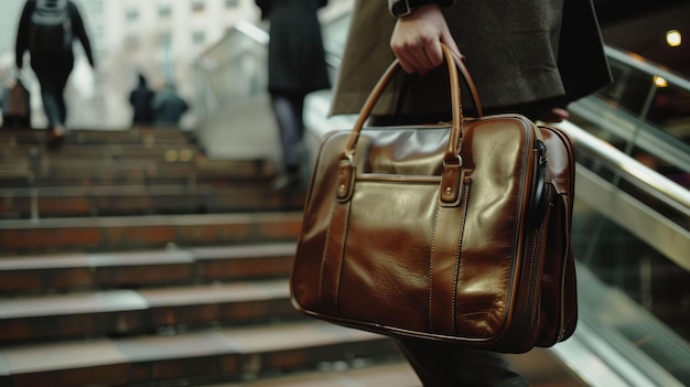 A person working as business person with bag and walk to stair in city aig