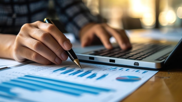 Person Working at Desk With Laptop and Pen