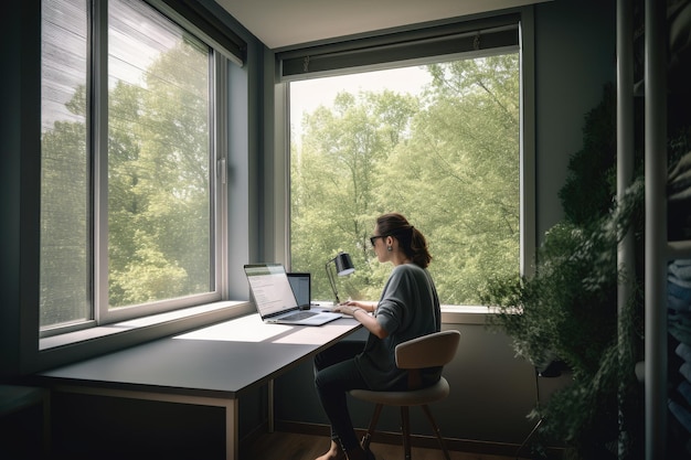 Photo person working from home office with view of window and greenery outside created with generative ai