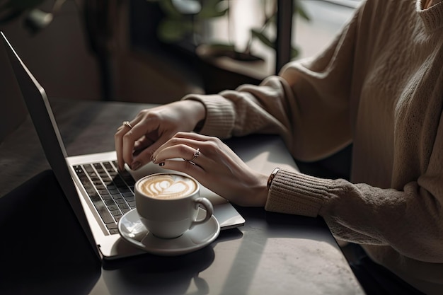 Person working from home with laptop and coffee created with generative ai