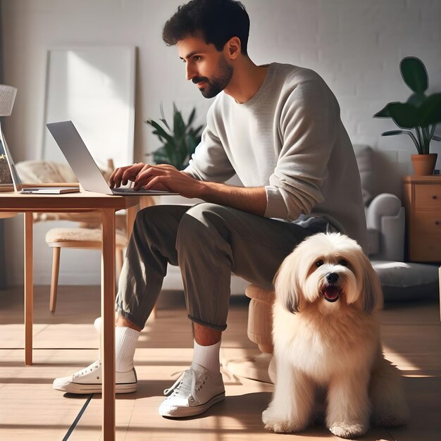 Photo person working from home with pet dog