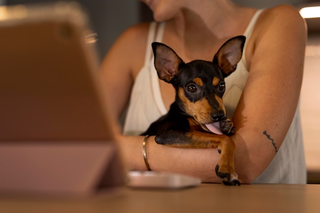 Persona che lavora da casa con un cane