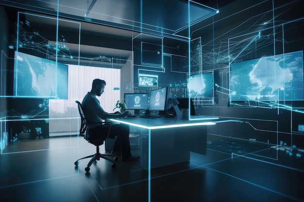 Person working in futuristic office space with holographic visuals