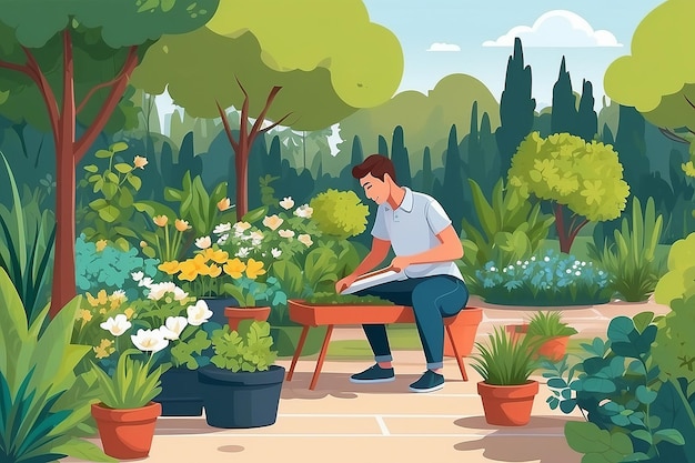 Person Working in Garden Vector Outdoor Workspace Illustration