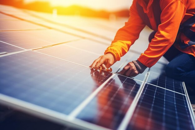 Photo a person working hand on solar paneling