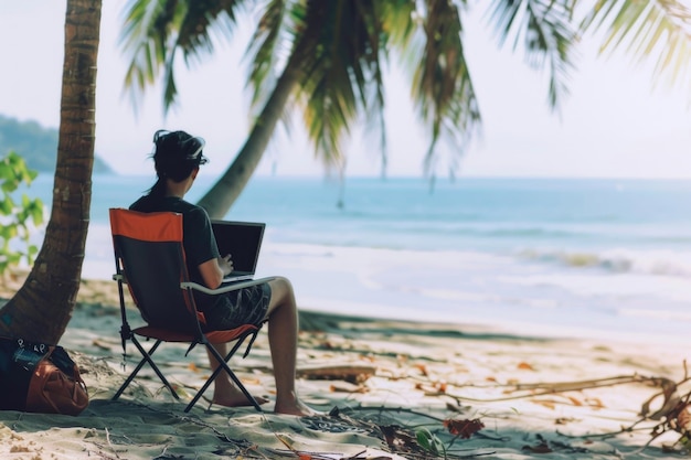 해변 에서 노트북 을 사용 하고 있는 사람