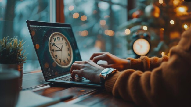 Photo person working on laptop during christmas time with clock on screen in front of tree