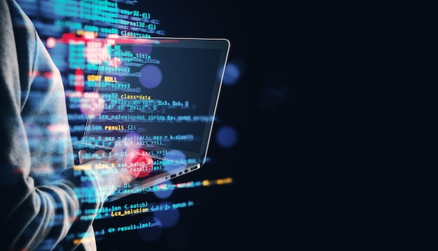 Person working on a laptop with displayed code on screen bright digital elements dark background concept of coding and software development