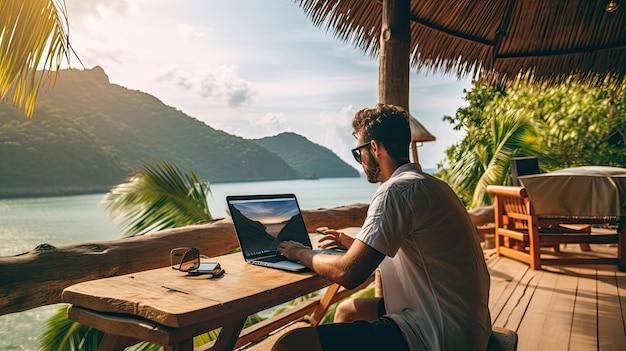 아름다운 열대 해변을 디지의 자유로움과 유연성으로 바라보며 노트북으로 작업하는 사람