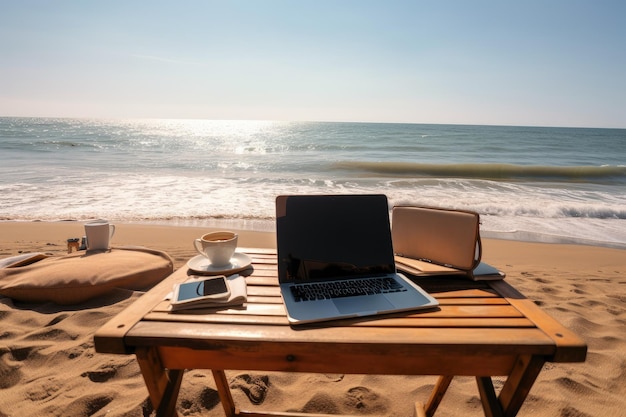 생성 인공 지능으로 만든 노트북과 커피를 들고 해변에서 원격으로 일하는 사람