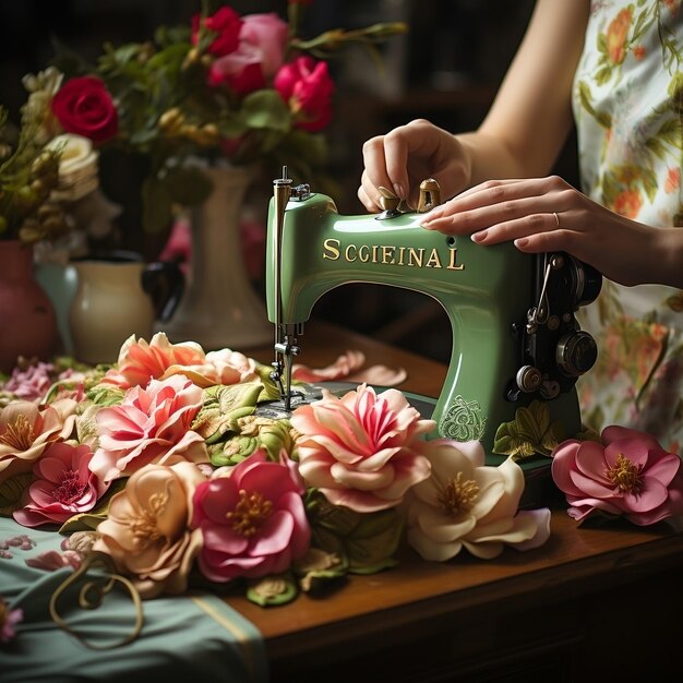 The person working at a sewing machine picture of a sewing machine