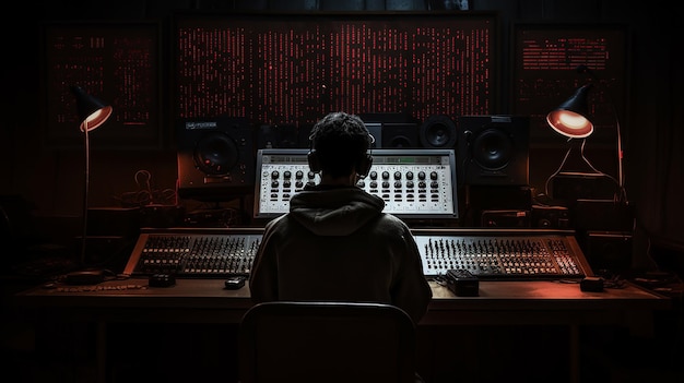 Person Working on a Soundboard in a Dark Room