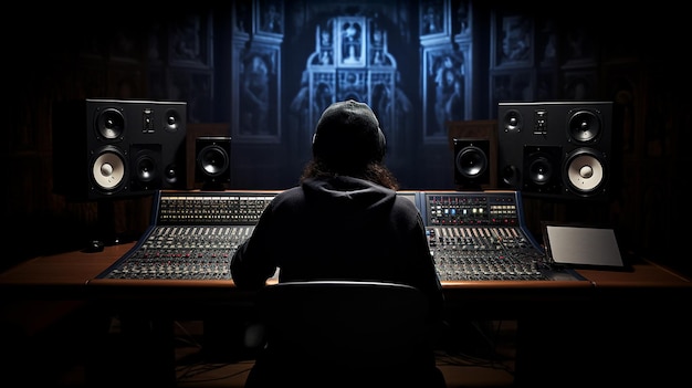 Photo person working on a soundboard in a dark room