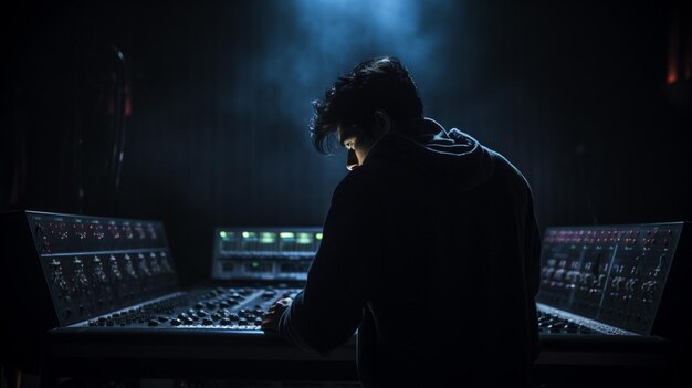 a person working on a soundboard in a dark room